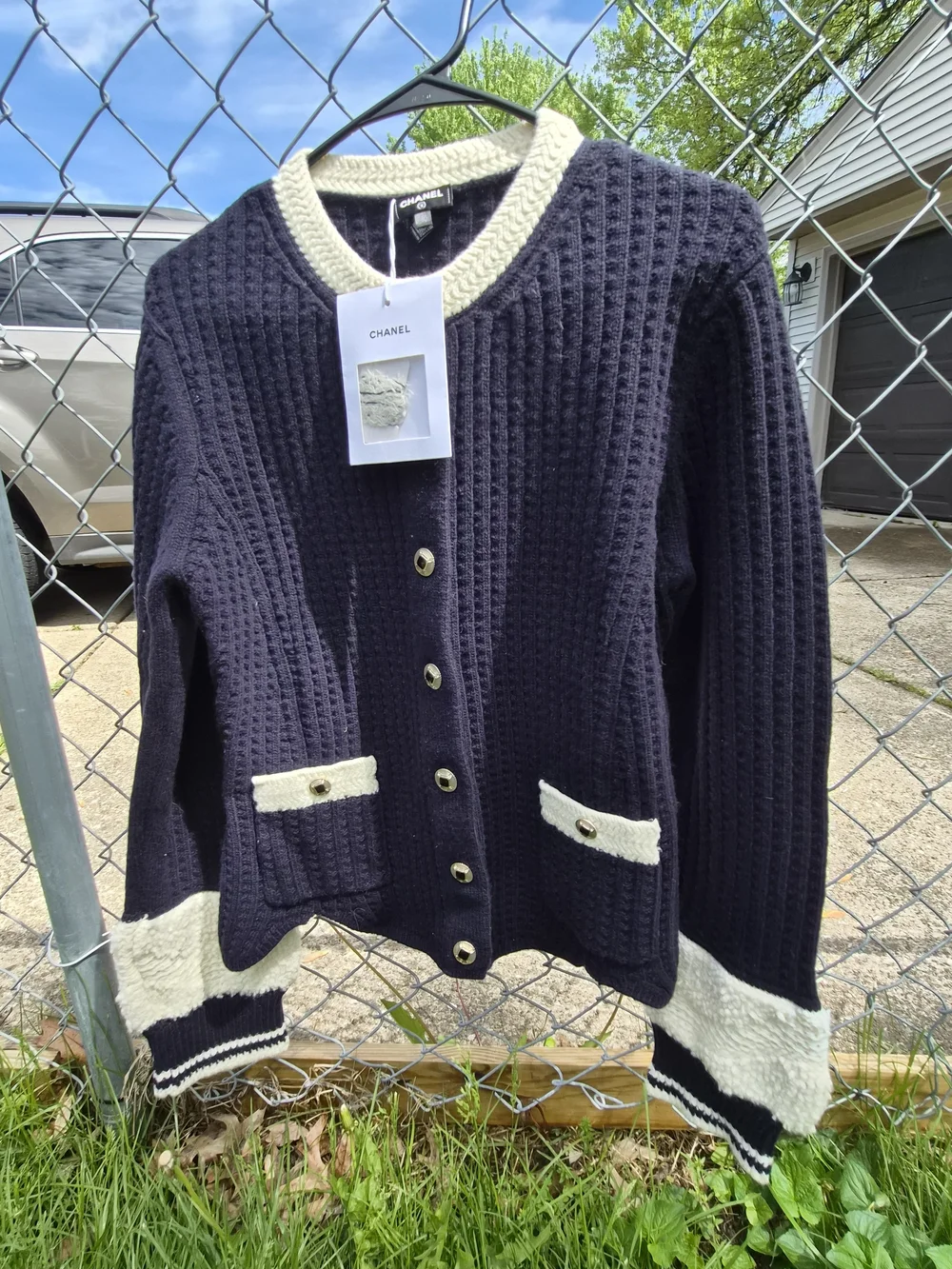 Chanel Women's Navy and Cream Ribbed Button Cardigan